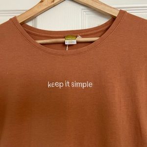 Bamboo & organic cotton women's sm t-shirt, embroidered message = keep it simple